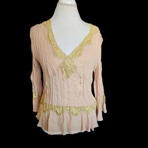 Y2K Yellow Beige Crinkle Lace Babydoll Blouse Top Fairy Victorian Whimsical Sz M